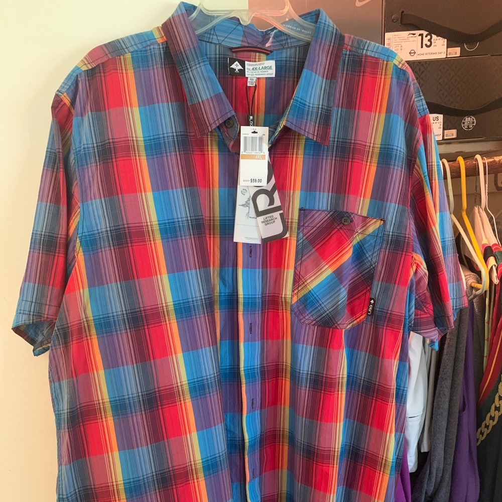 LIFTED RESEARCH GROUP LRG BLUE & RED PLAID BUTTON SHIRT. BRAND NEW WITH TAGS